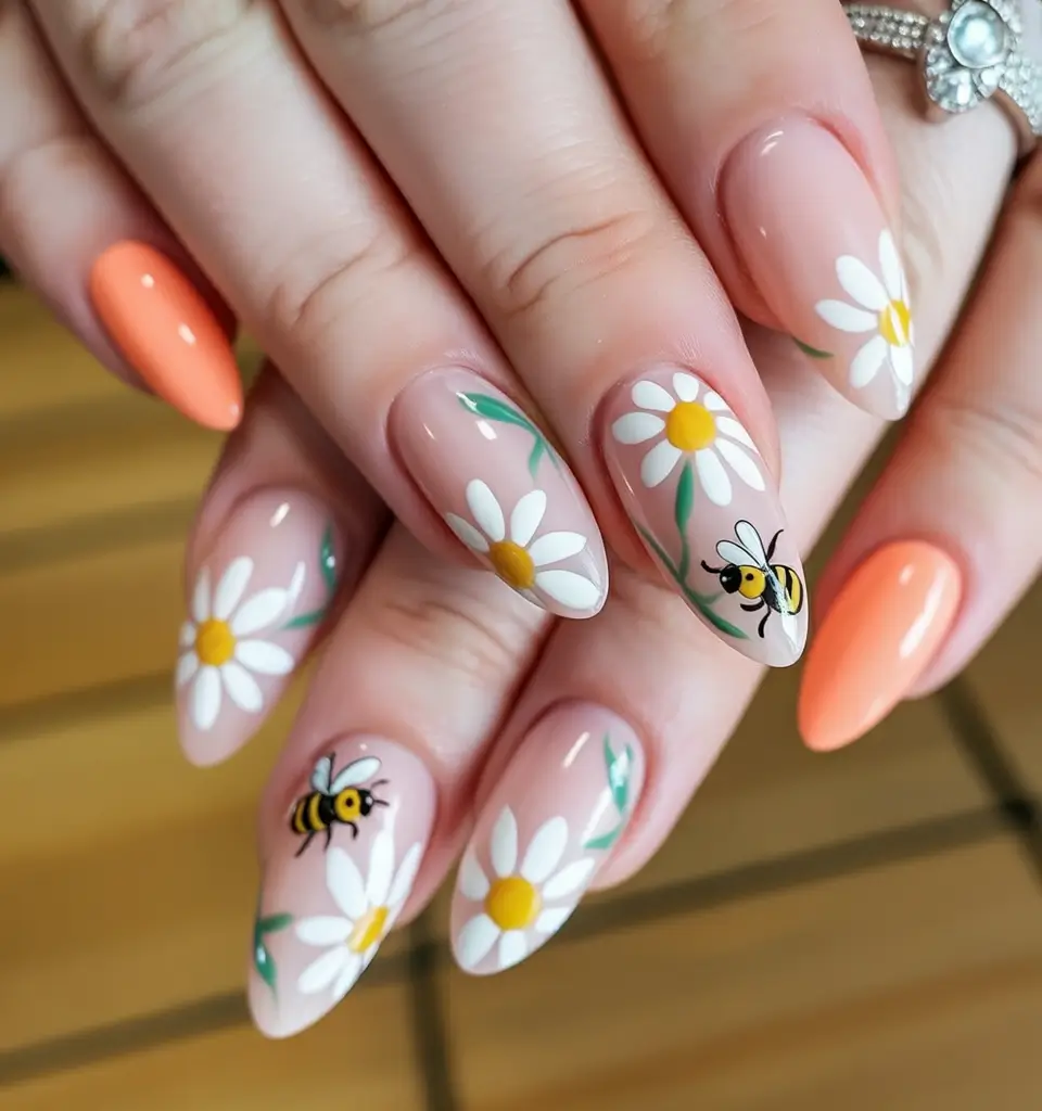 cute easter nail art ideas 2026 Spring Daisy and Bumblebee Nails That Feel Like a Garden in Bloom