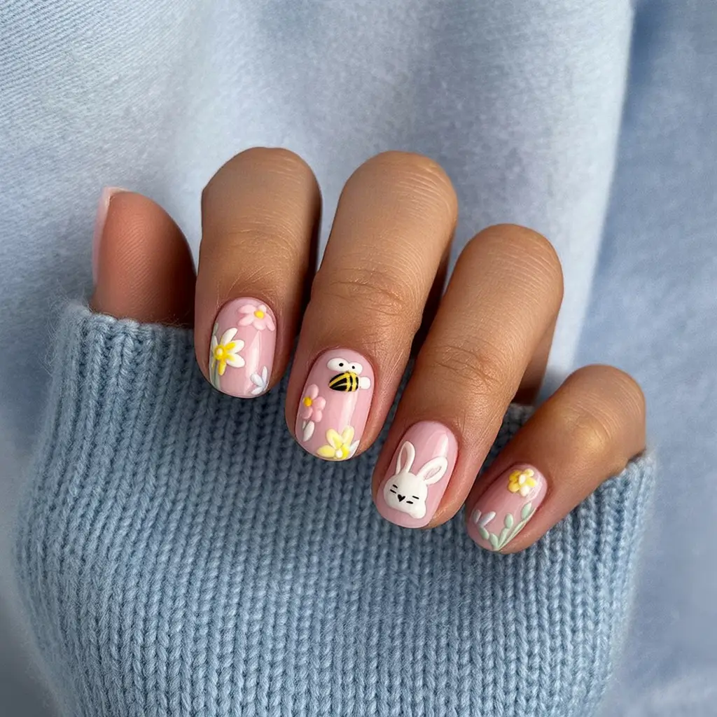 cute easter nail art ideas 2026 Playful Bunny and Bee Spring Garden Nails