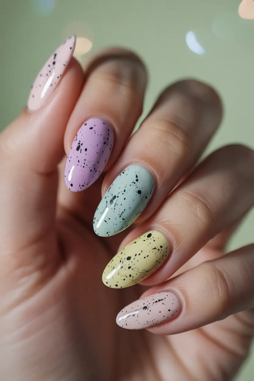 cute easter nail art ideas 2026 Speckled Pastel Egg Nails for a Modern Easter Look