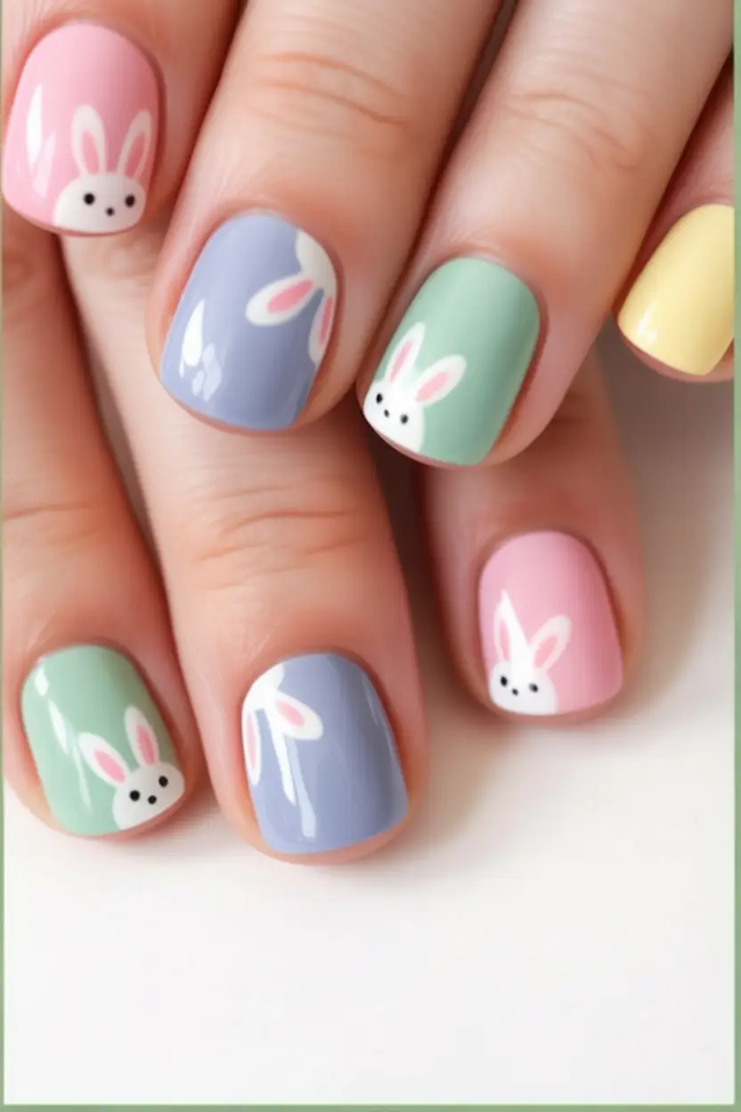 cute easter nail art ideas 2026 Playful Pastel Bunny Faces for a Cute Holiday Look
