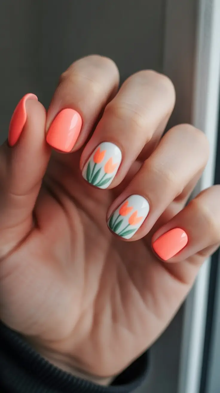 cute easter nail art ideas 2026 Bright Tulip Nails for a Fresh Spring Garden Look