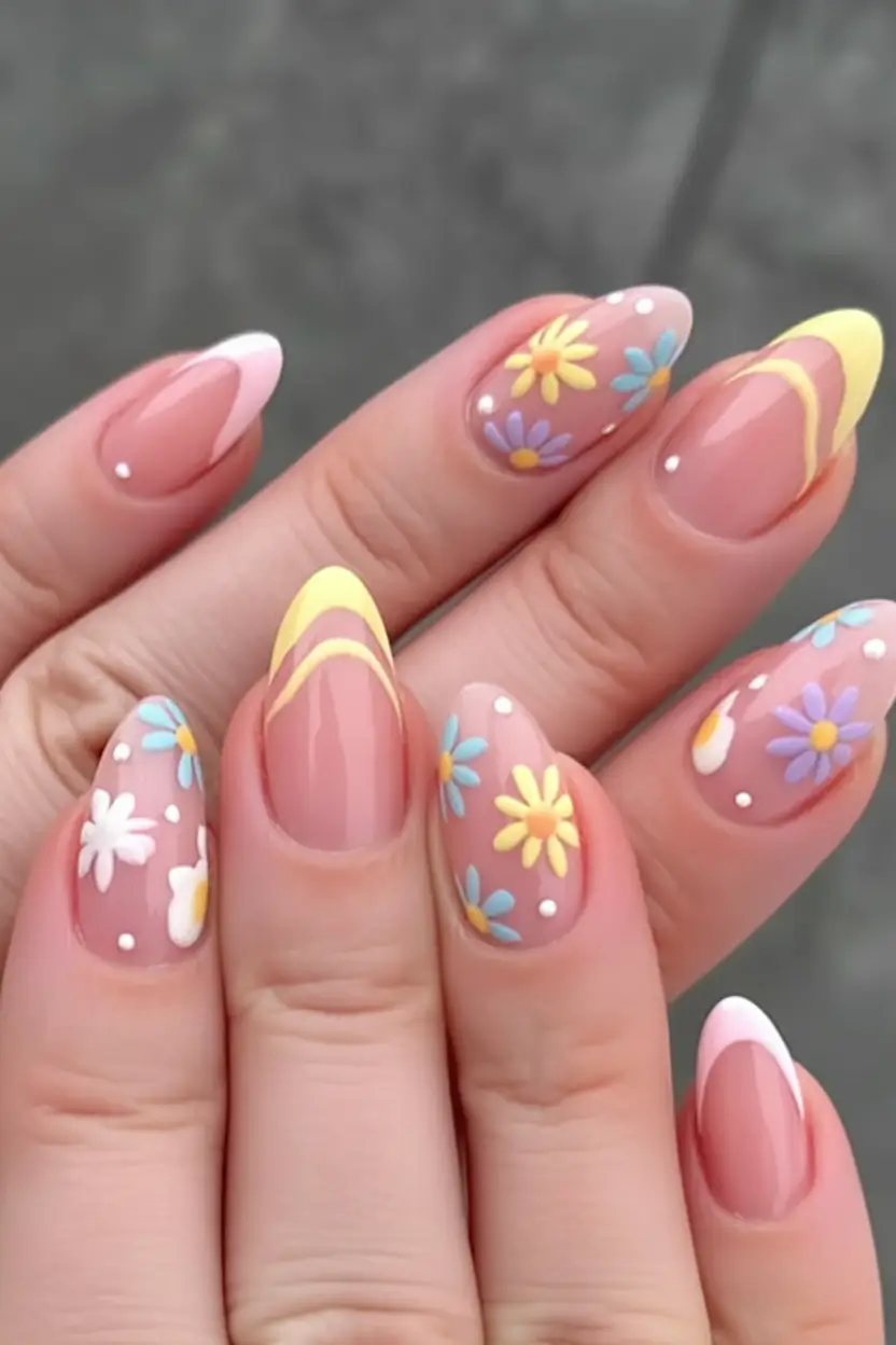 cute easter nail art ideas 2026 Spring Meadow Florals with Soft Yellow French Tips