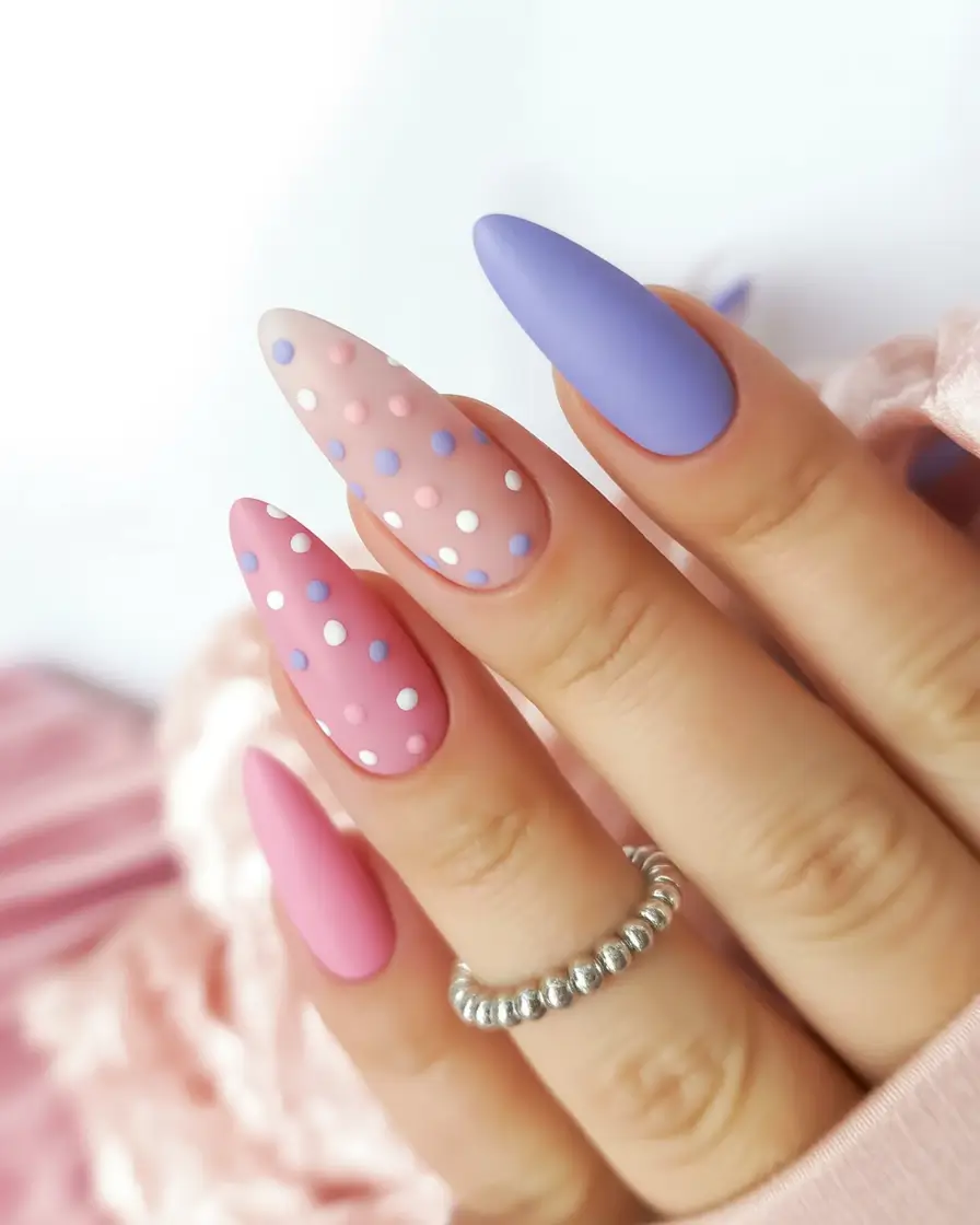 cute easter nail art ideas 2026 Matte Pastel Polka Dot Almond Nails That Feel Like Easter Candy