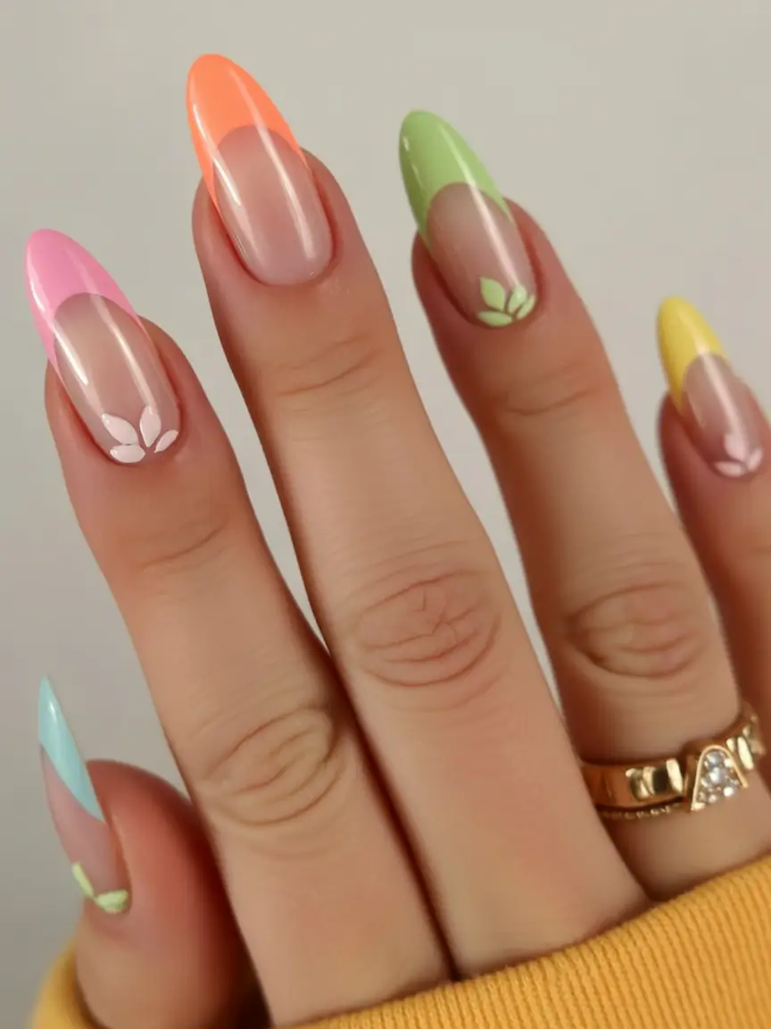 cute easter nail art ideas 2026 Colorful Half-Moon Pastel Tips with Minimal Spring Details