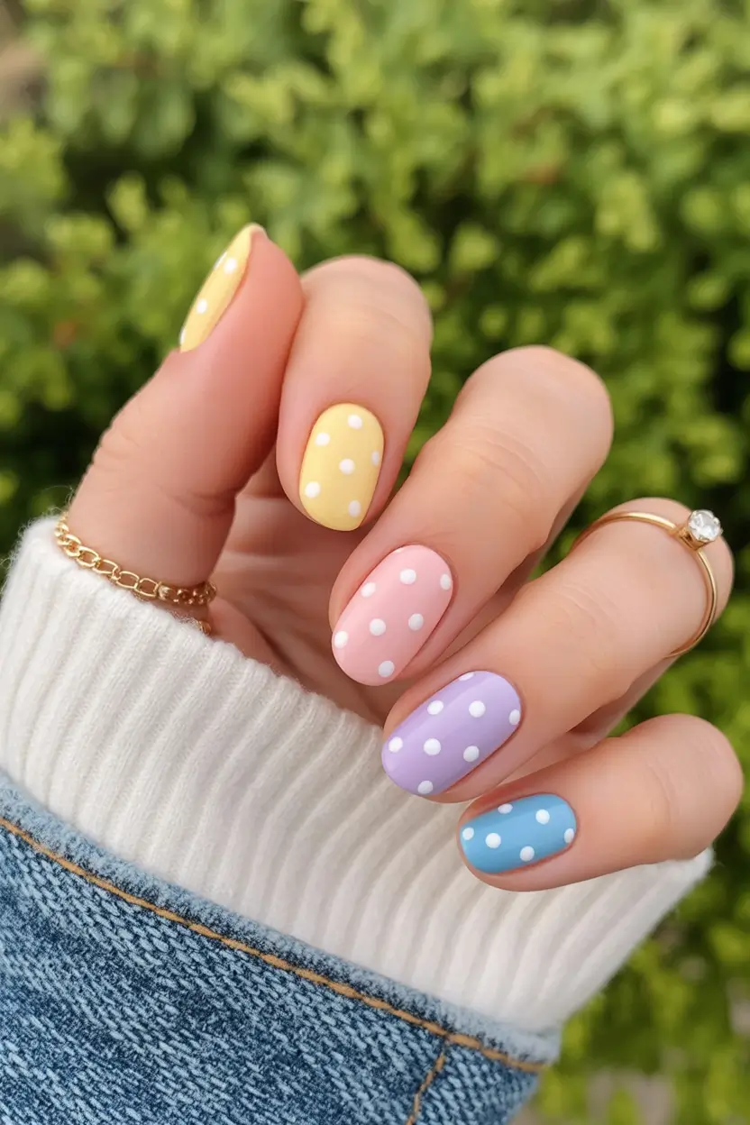 cute easter nail art ideas 2026 Classic Pastel Polka Dot Nails Inspired by Easter Eggs