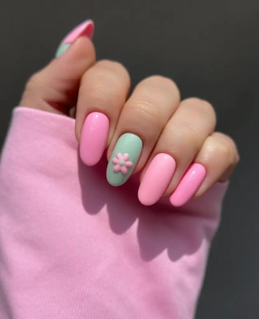 cute easter nail art ideas 2026 Minimal Pink Spring Nails with a Single Floral Accent