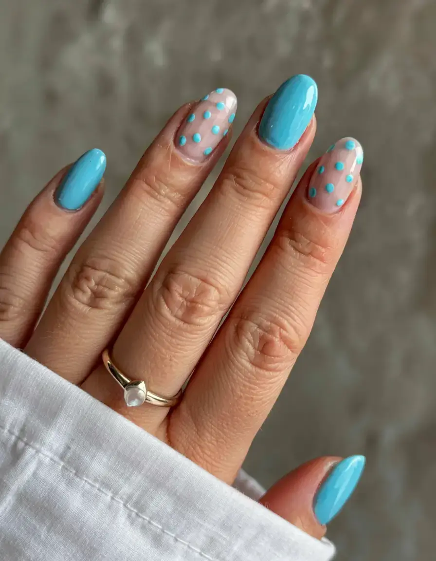 cute easy spring nail designs 2026 blue polka dot spring manicure