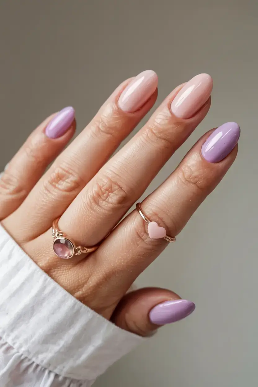 cute easy spring nail designs 2026 lavender and blush two tone nails