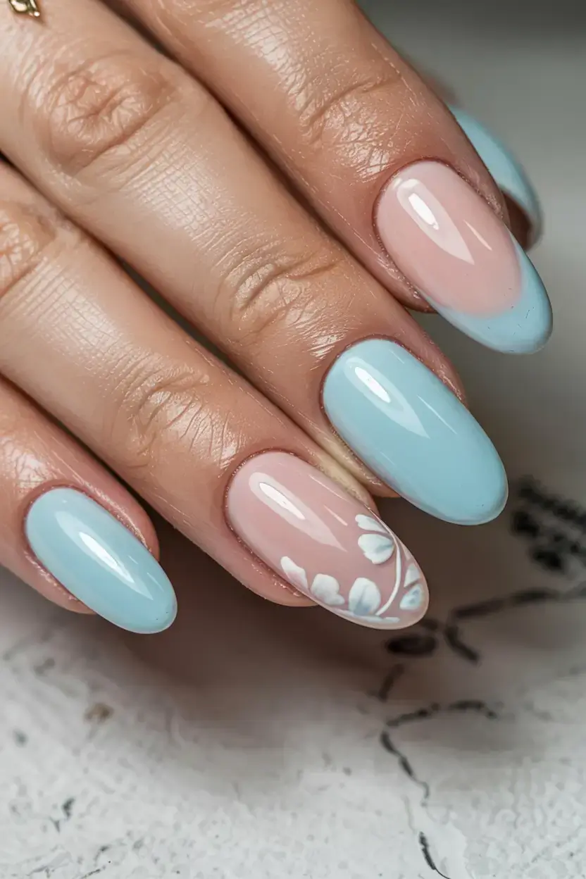 cute easy spring nail designs 2026 powder blue french floral accent