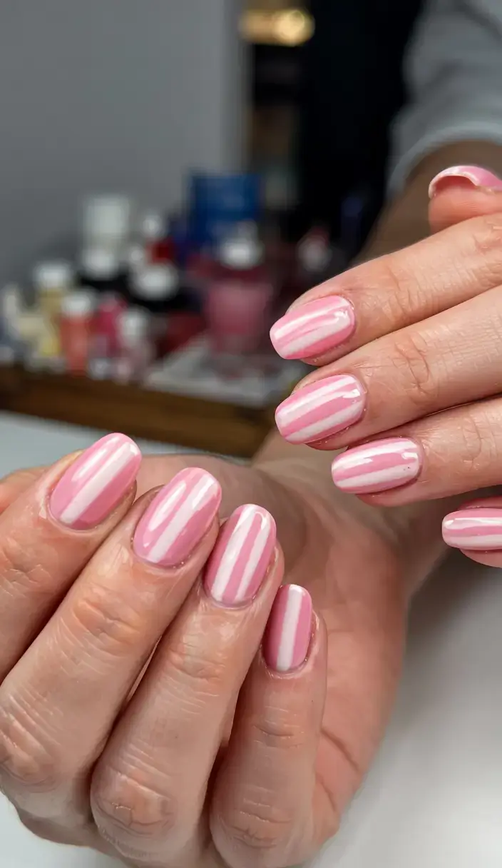 cute easy spring nail designs 2026 pink nails with white stripes