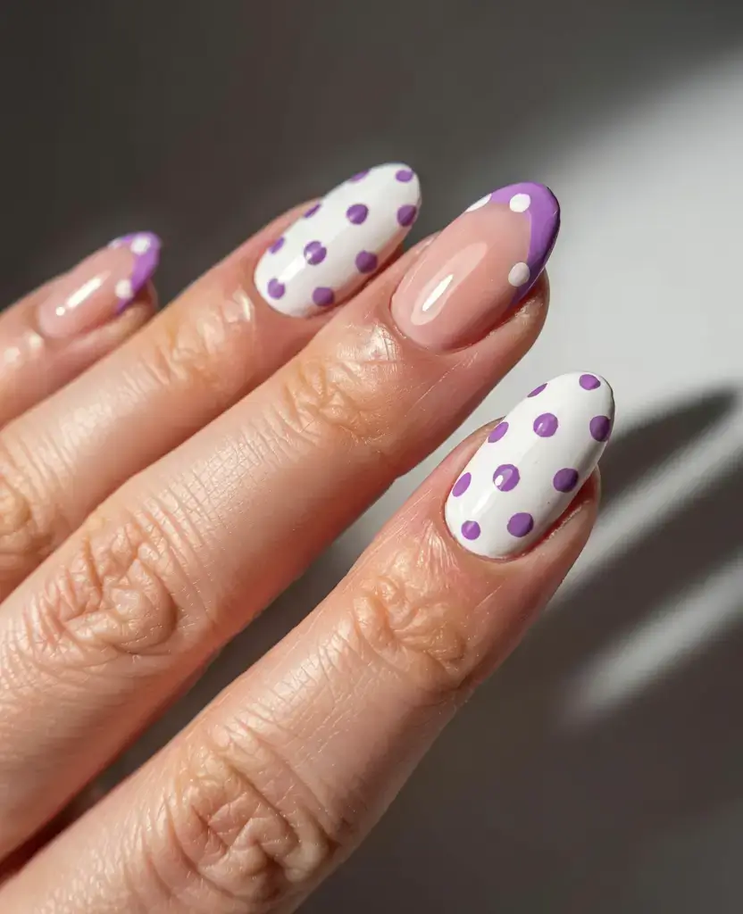 cute easy spring nail designs 2026 lavender polka dot manicure