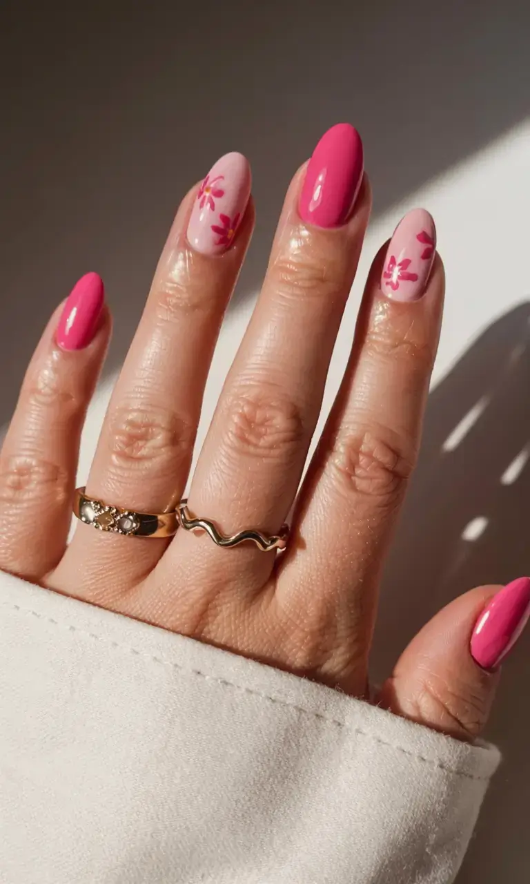 cute easy spring nail designs 2026 pink floral nail art