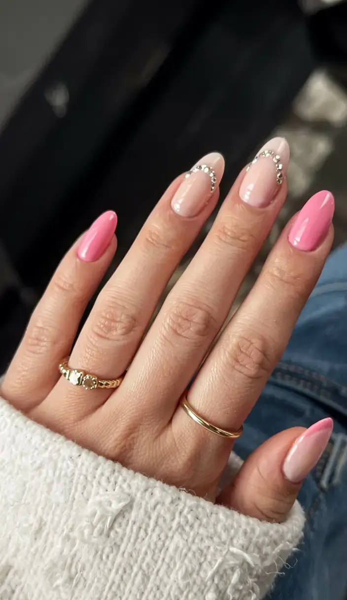 cute easy spring nail designs 2026 pink nails rhinestone accent