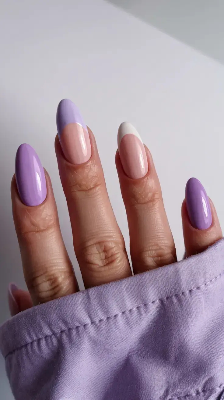 cute easy spring nail designs 2026 Lavender Color Block Almond Nails