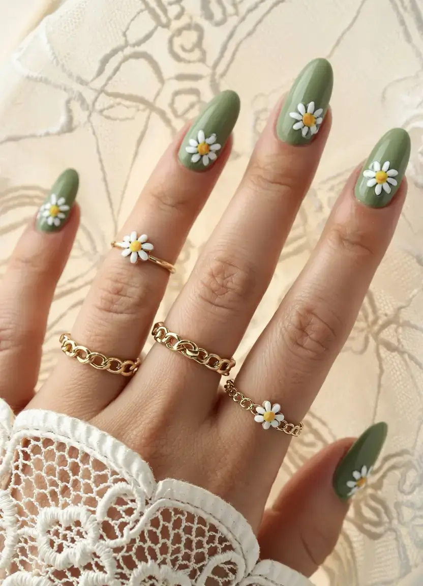 cute easy spring nail designs 2026 Olive Green Daisy Nails