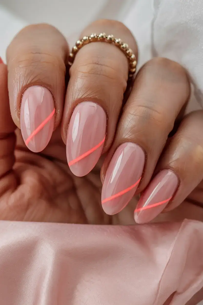 cute easy spring nail designs 2026 nude nails neon stripe design