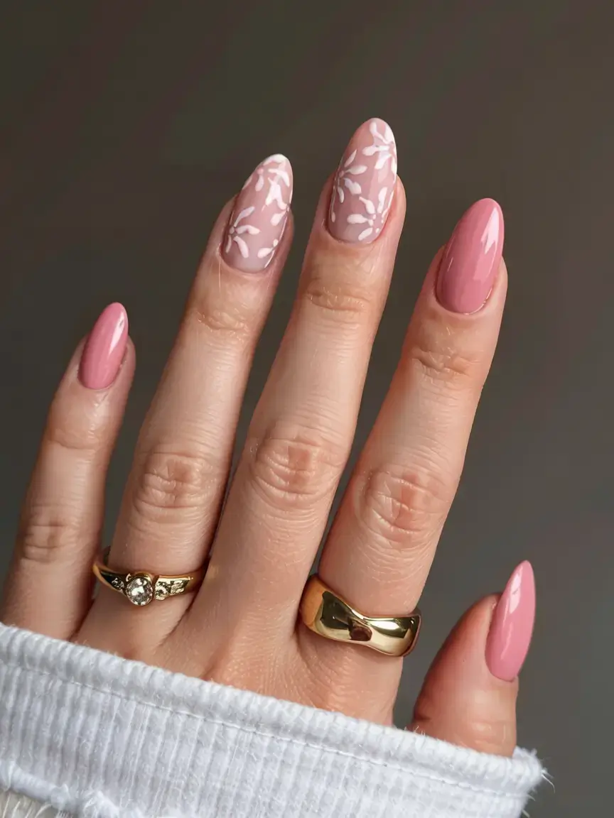 cute easy spring nail designs 2026 Delicate Botanical Pink Nails