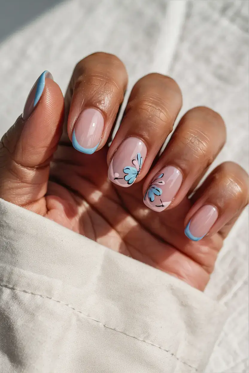 cute easy spring nail designs 2026 blue butterfly french manicure