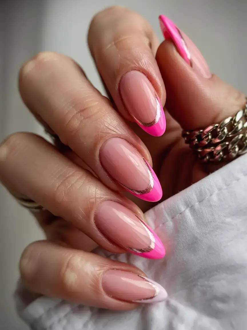 cute easy spring nail designs 2026 hot pink french metallic line