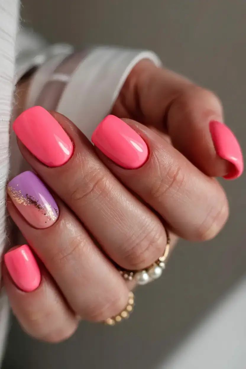 cute easy spring nail designs 2026 coral nails lavender accent gold foil