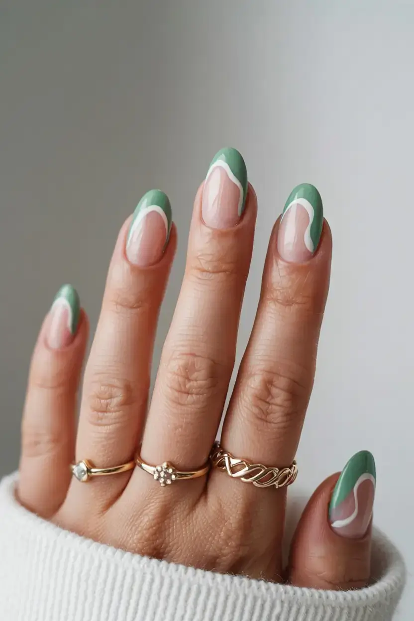 cute easy spring nail designs 2026 sage green wave french manicure