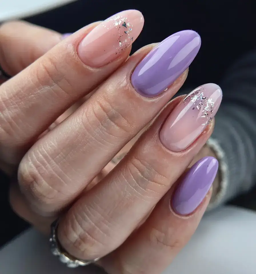delicate spring oval nails 2026 Lavender Gloss with Subtle Silver Sparkle