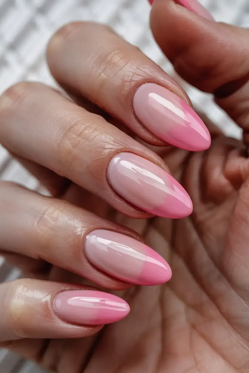 delicate spring oval nails 2026 Glossy Pink Gradient for a Soft Romantic Look