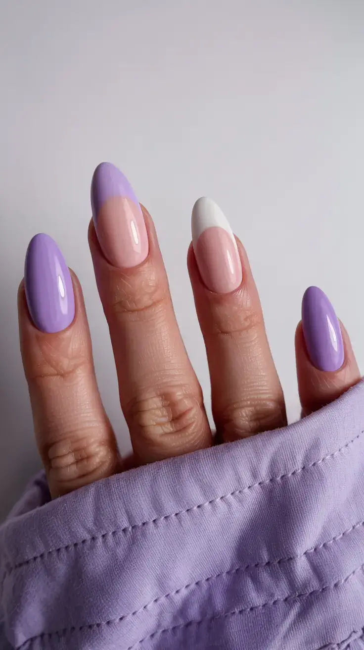 delicate spring oval nails 2026 Lavender and White Color Blocking for a Modern Spring Twist
