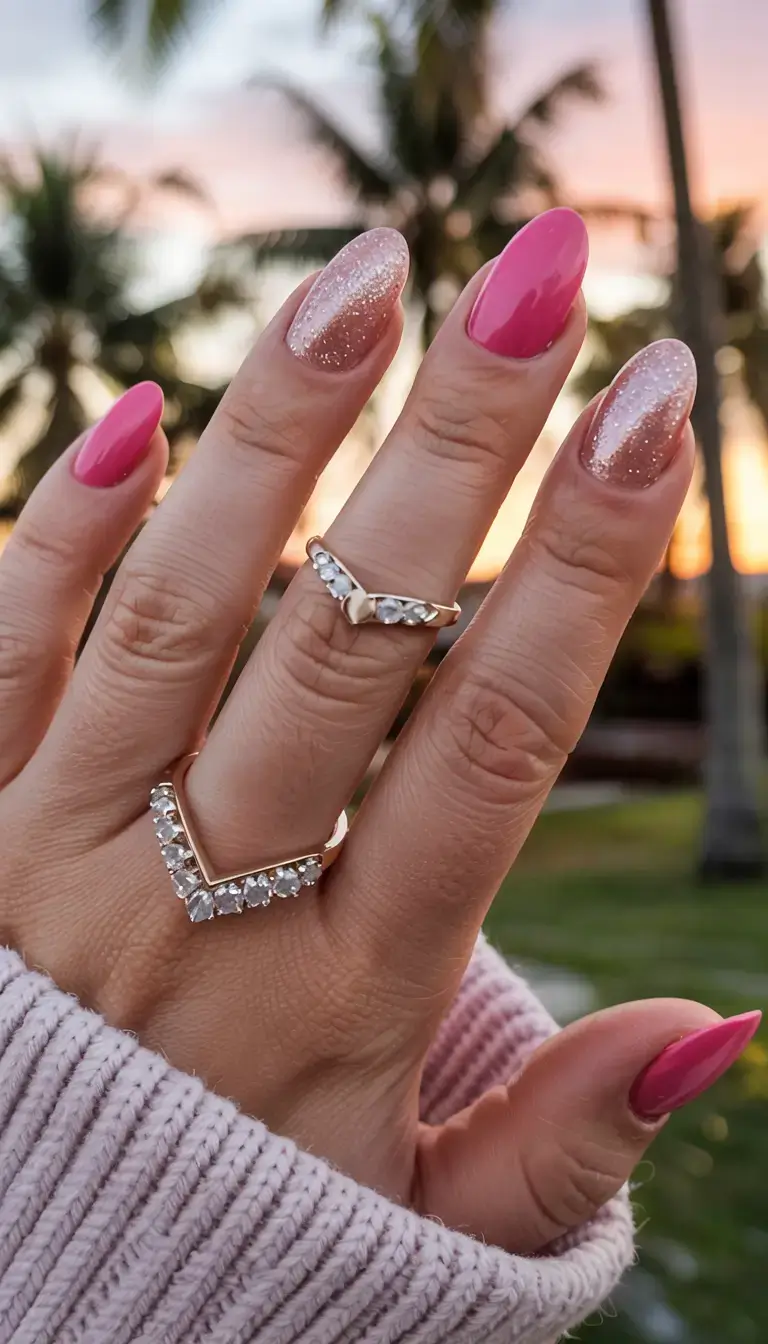 delicate spring oval nails 2026 Hot Pink and Sparkle for Sunset Spring Evenings