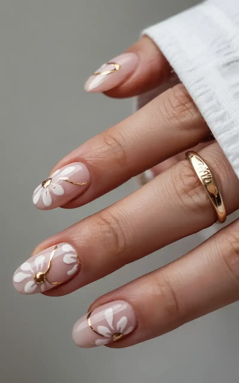 delicate spring oval nails 2026 Elegant Daisy Nail Art with Fine Gold Accents