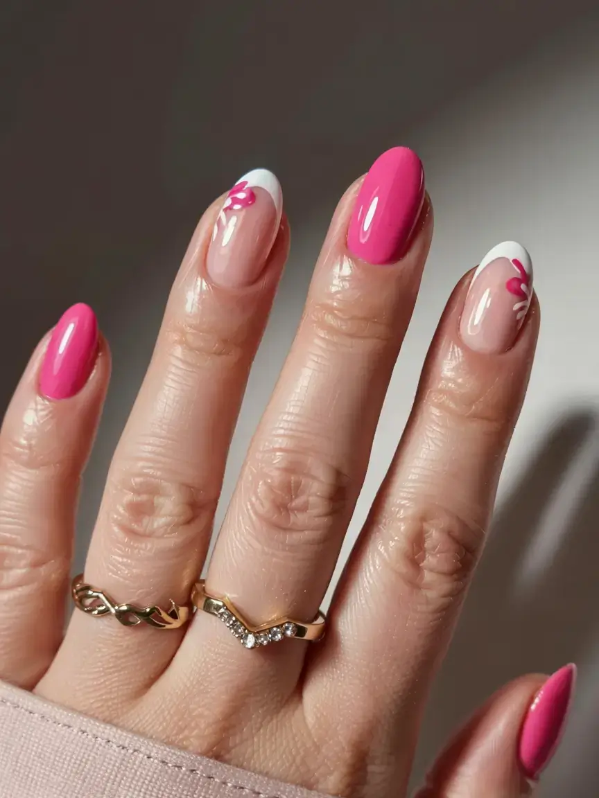delicate spring oval nails 2026 Pink Spring Florals with Fresh White French Accents