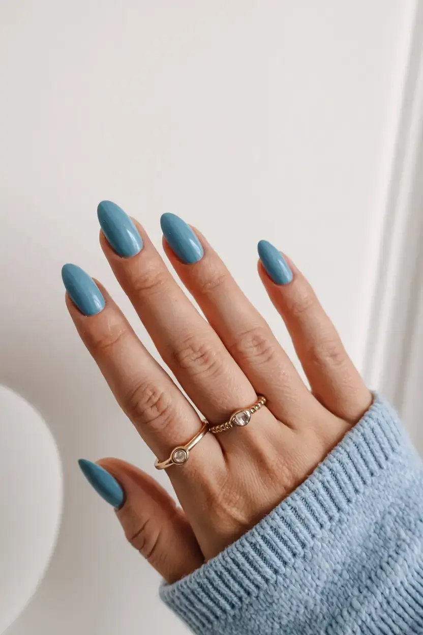 delicate spring oval nails 2026 Dusty Blue Oval Nails for a Calm Spring Palette