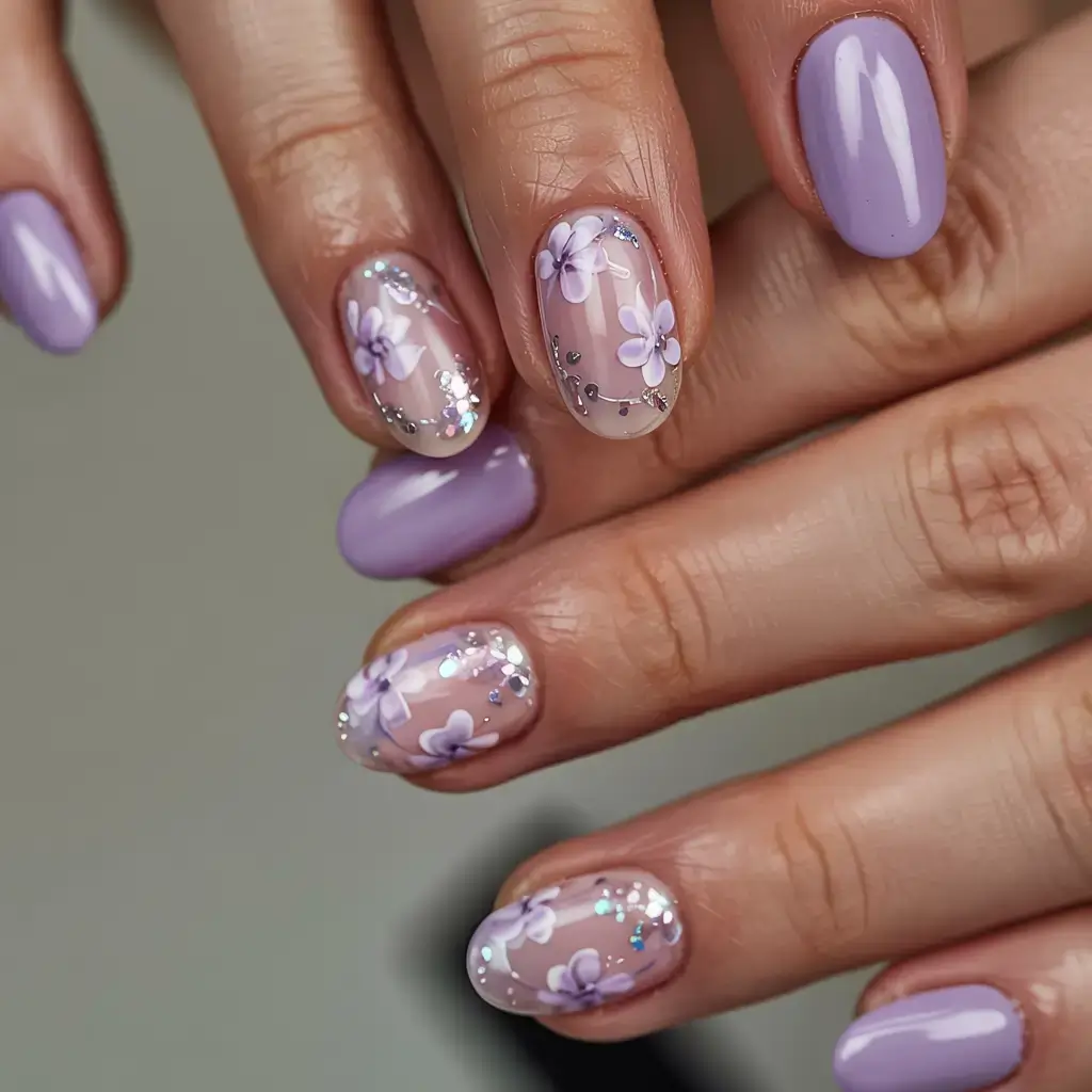 delicate spring oval nails 2026 Lavender Floral Nails with Subtle Sparkle Accents