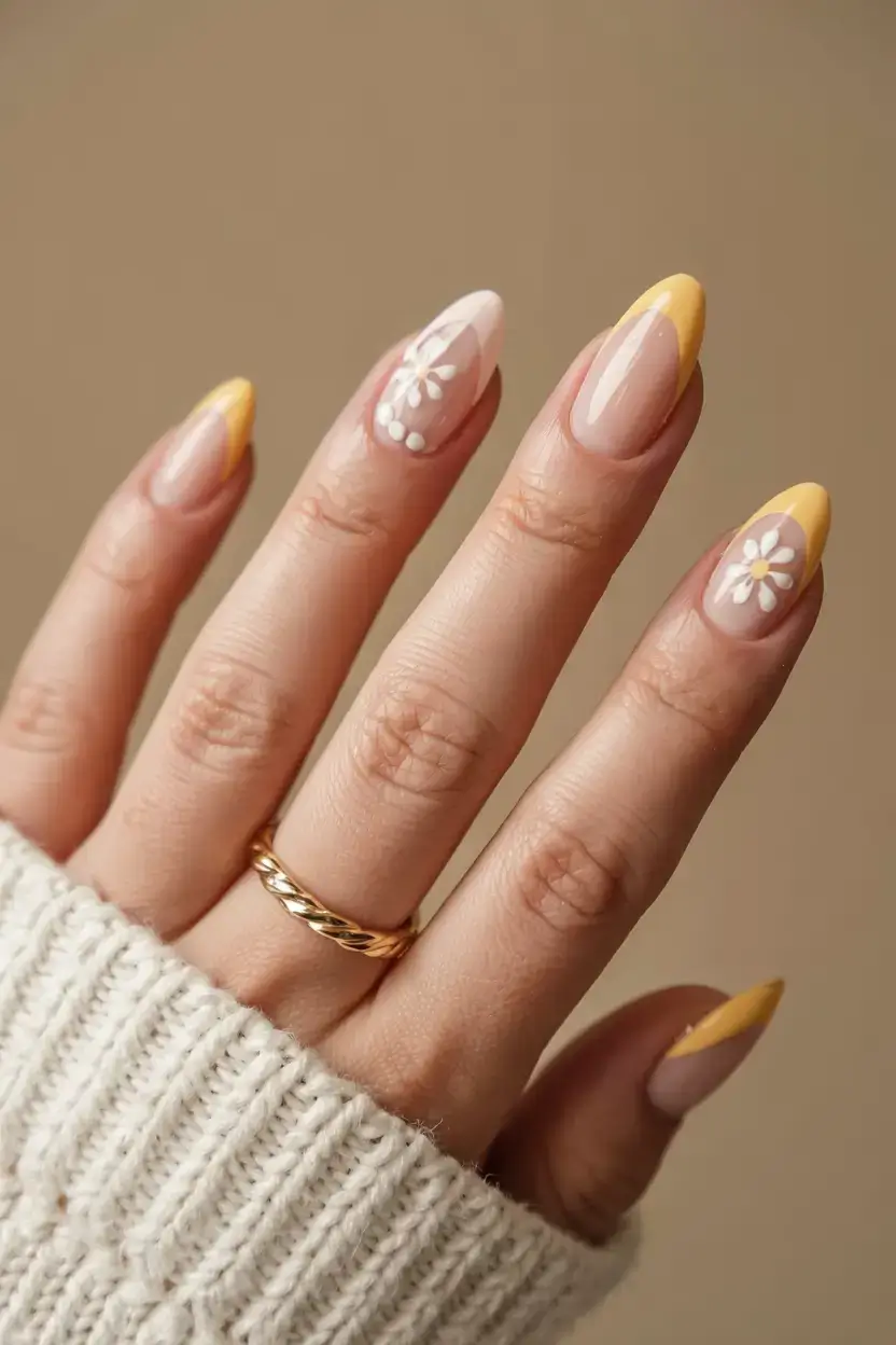 delicate spring oval nails 2026 Butter Yellow Daisy Art That Feels Like Spring Morning
