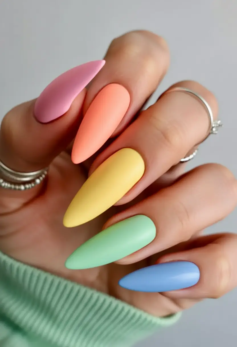 easter nails color ideas 2026 Matte Pastel Almond Nails with a Soft Rainbow Palette