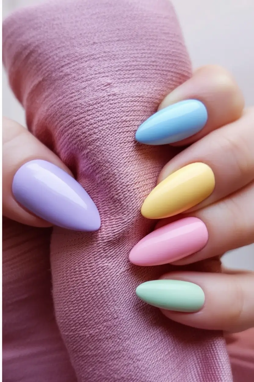 easter nails color ideas 2026 Soft Glossy Pastel Almond Nails for an Elegant Spring Look