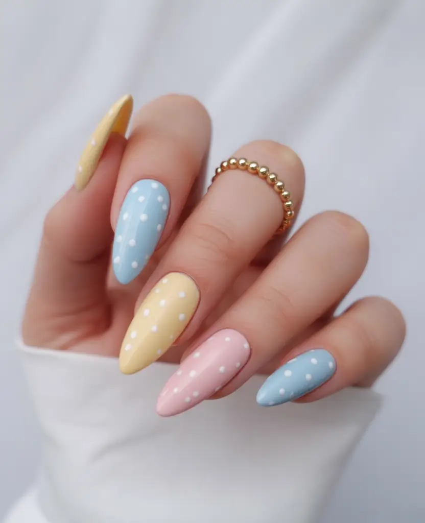 easter nails color ideas 2026 Pastel Polka Dot Almond Nails for a Playful Easter Look