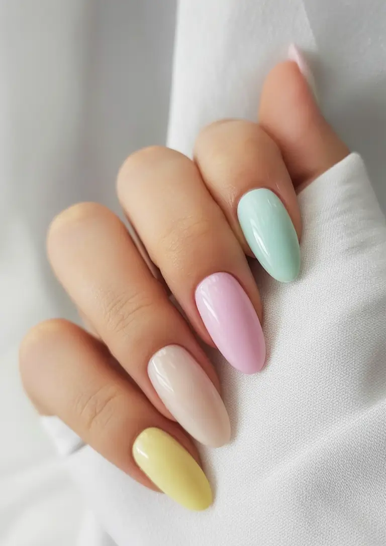 easter nails color ideas 2026 Soft Pastel Almond Nails with a Clean Spring Palette