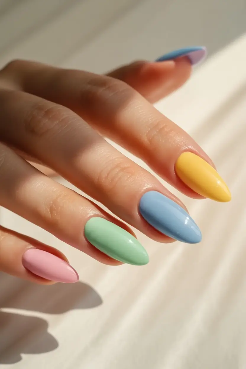 easter nails color ideas 2026 Classic Pastel Almond Nails for a Bright Easter Palette