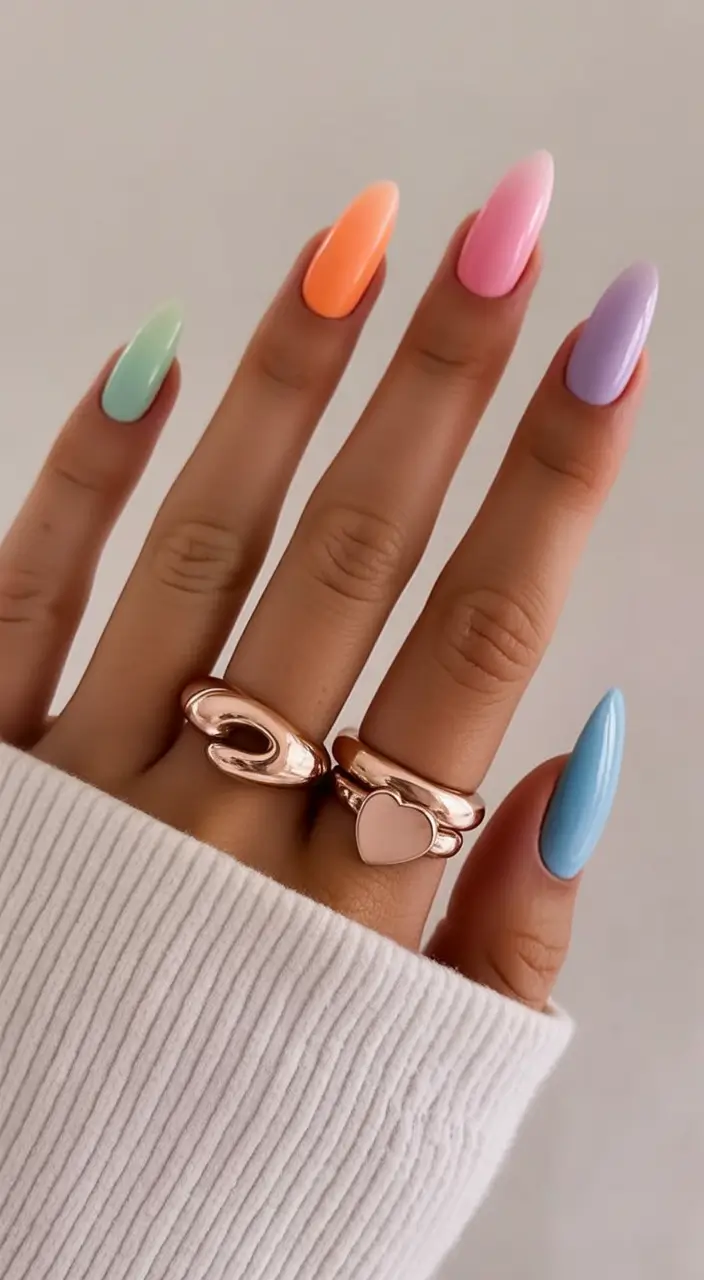 easter nails color ideas 2026 Almond Pastel Rainbow with a Modern Glossy Finish