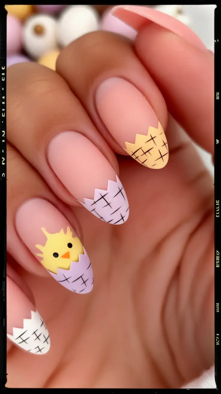 easter nails ideas 2026 Hatching Chick Easter Nail Art with Soft Pastel Tips