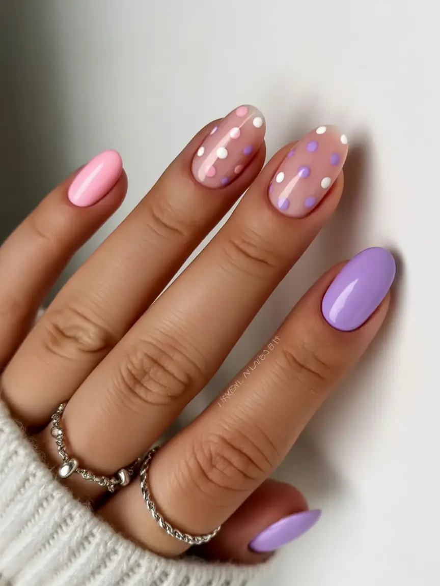 easter nails ideas 2026 Soft Pastel Polka Dot Nails for a Light Easter Mood