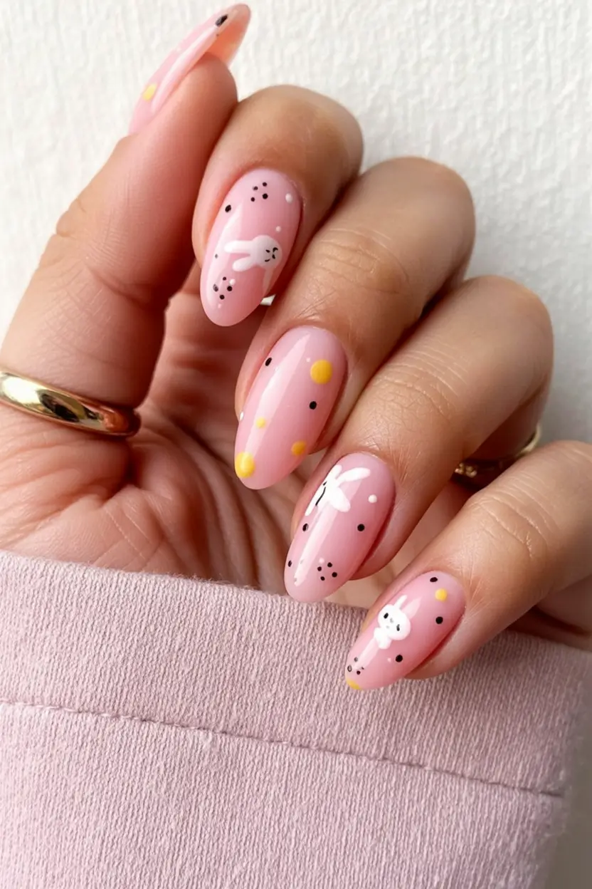 easter nails ideas 2026 Playful Bunny and Confetti Easter Nail Art