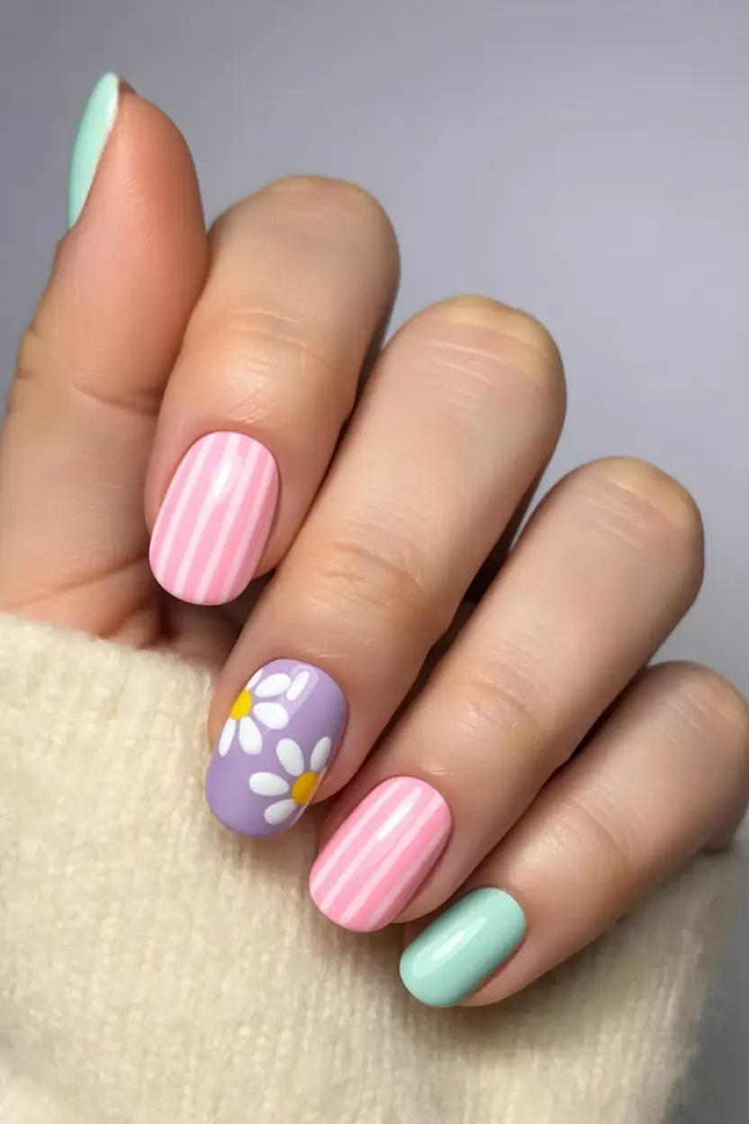 easter nails ideas 2026 Pastel Daisy and Stripe Spring Nails
