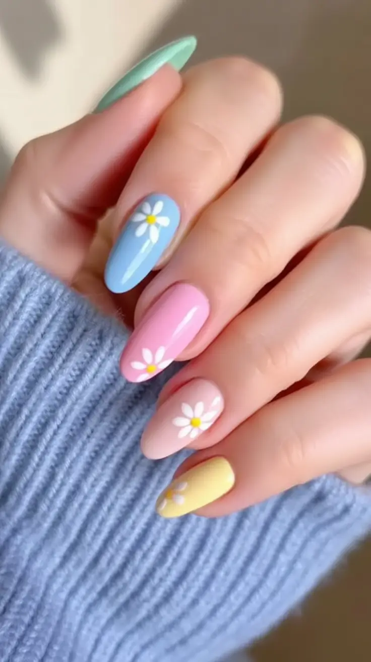 easter nails ideas 2026 Pastel Daisy Accent Nails for a Fresh Spring Finish