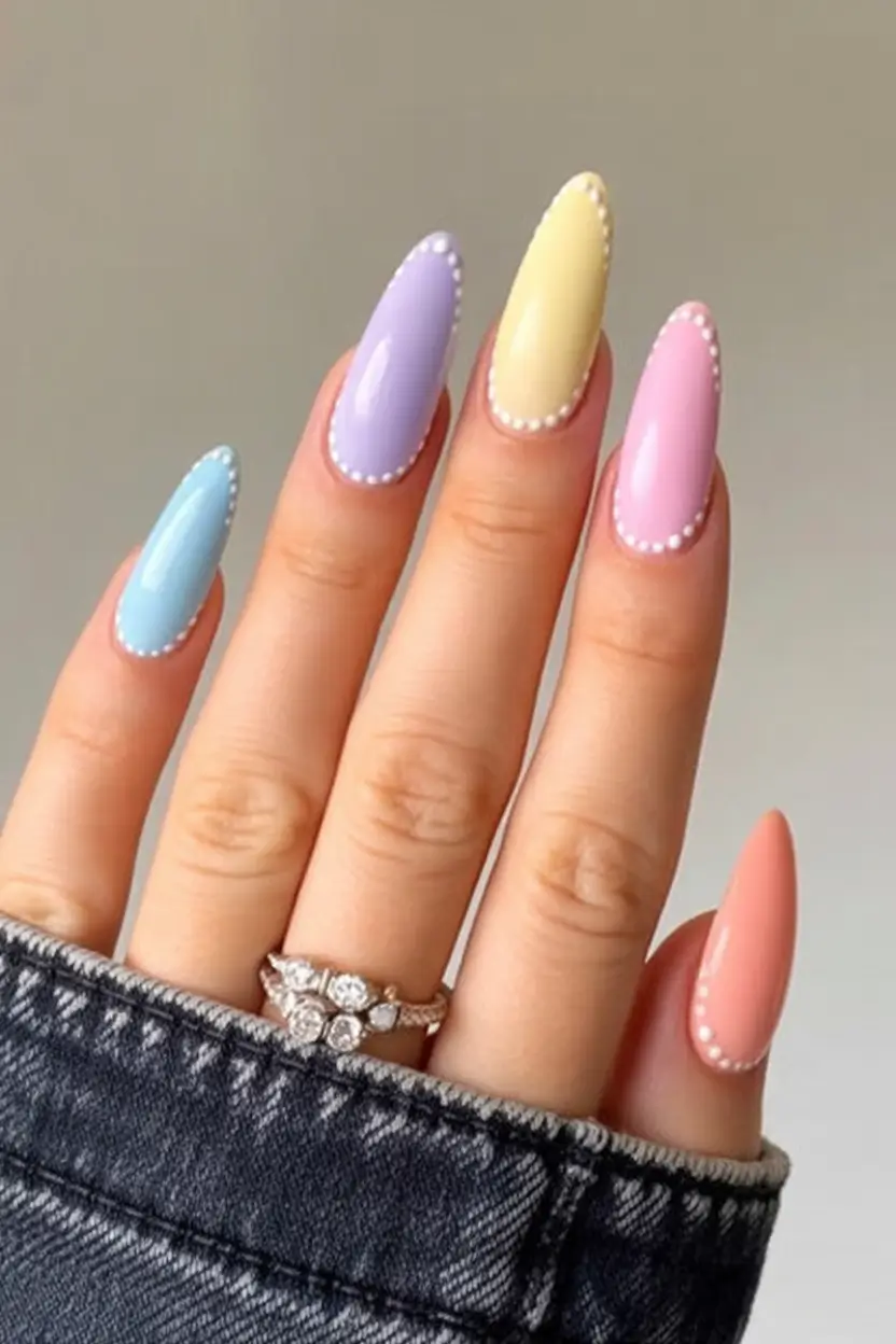 easter nails ideas 2026 Pastel Rainbow Almond Nails with Delicate Dot Borders