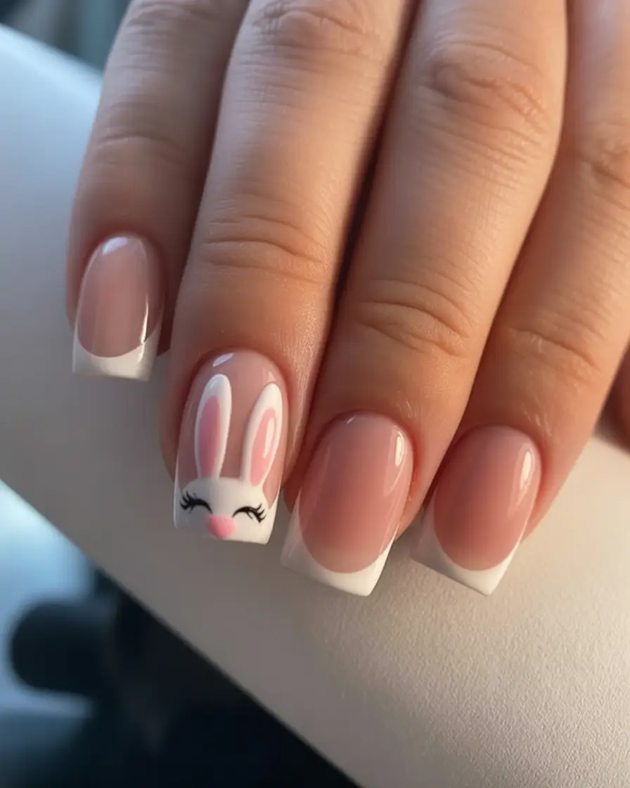 easter nails ideas 2026 Classic French Bunny Nail Art with a Cute Easter Twist