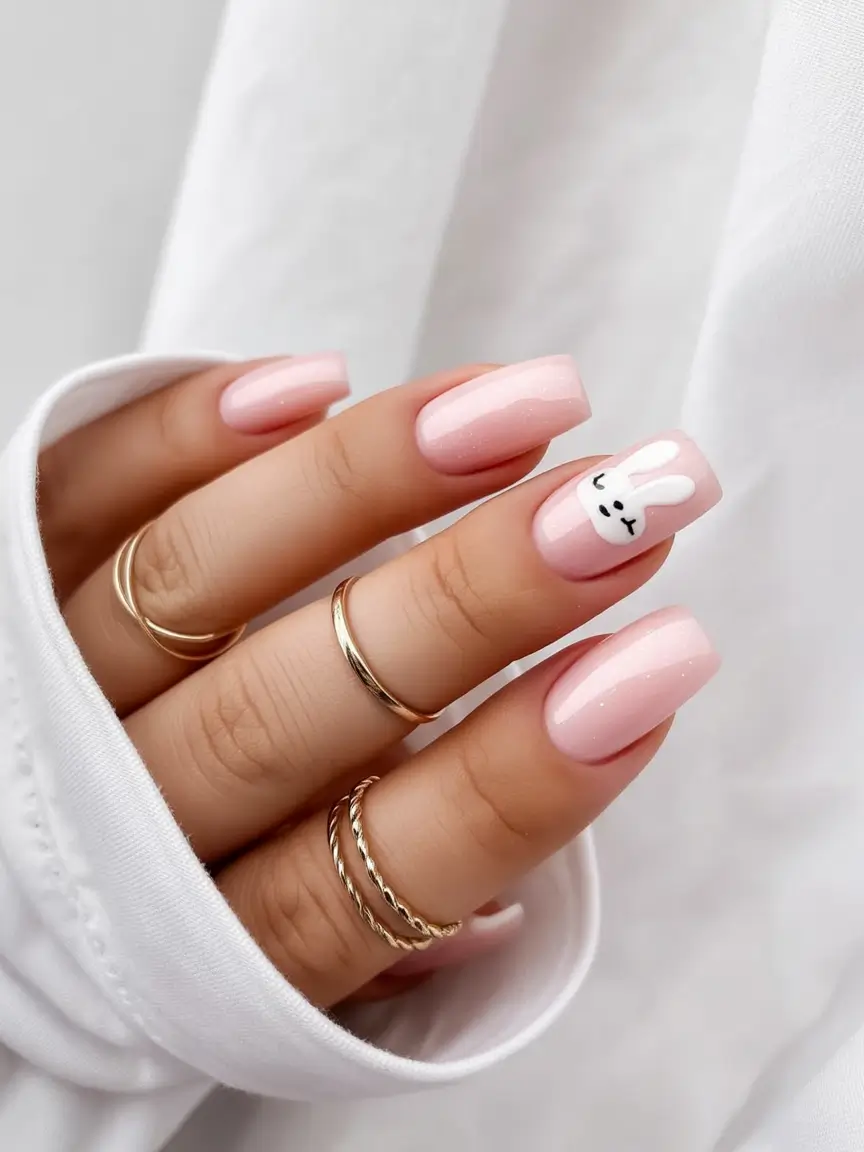 easter nails ideas 2026 Glossy Baby Pink Bunny Accent Nails