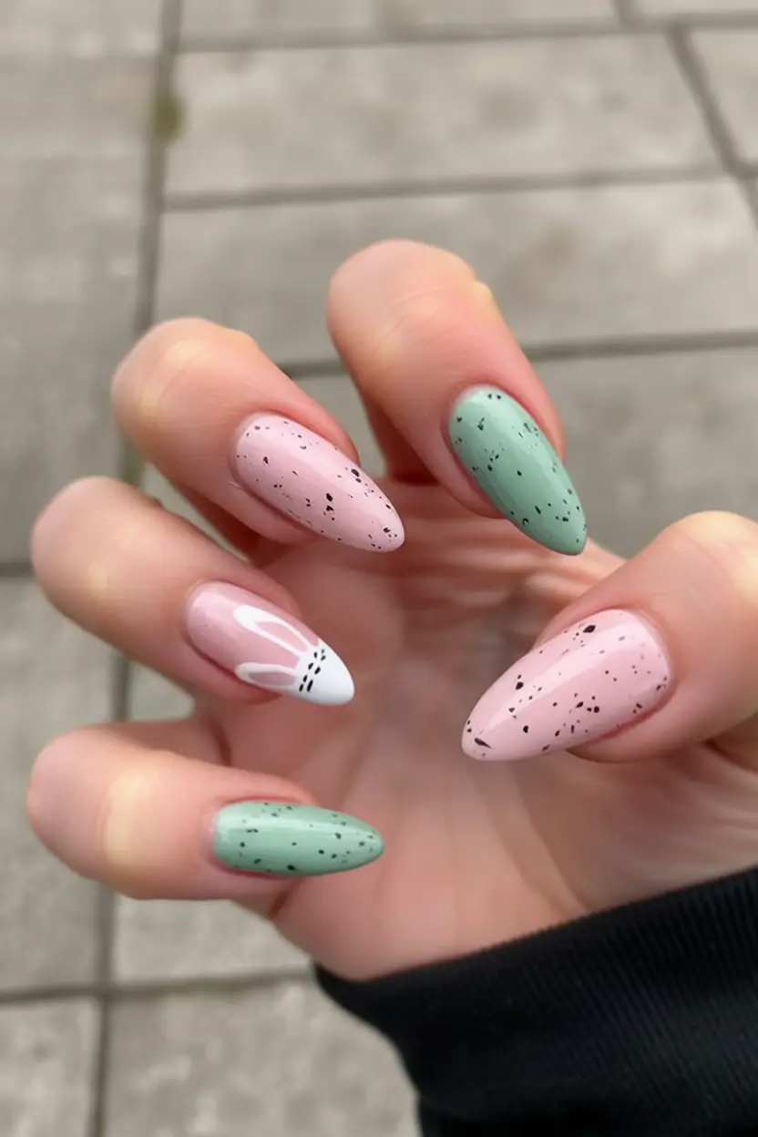 easter nails ideas 2026 Speckled Pastel Nails with a Minimal Bunny Accent