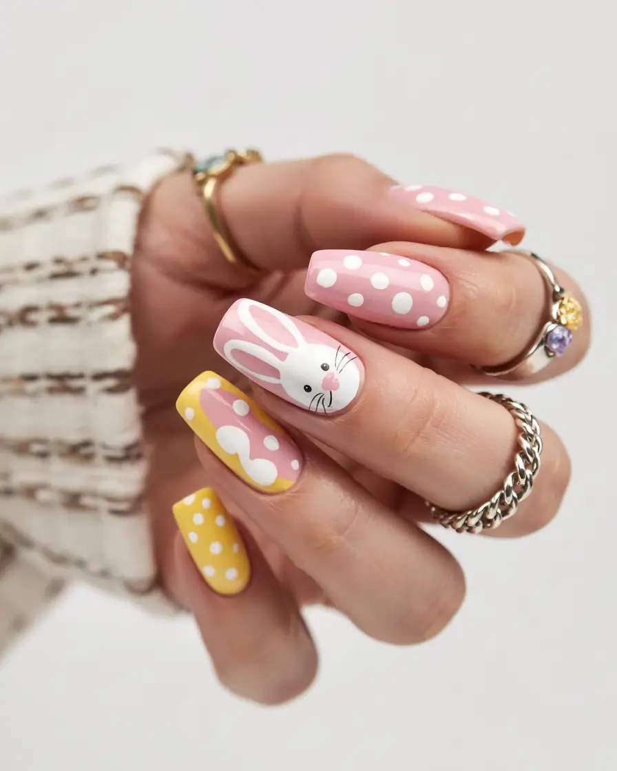 easter nails ideas 2026 Playful Easter Bunny and Polka Dot Nail Art